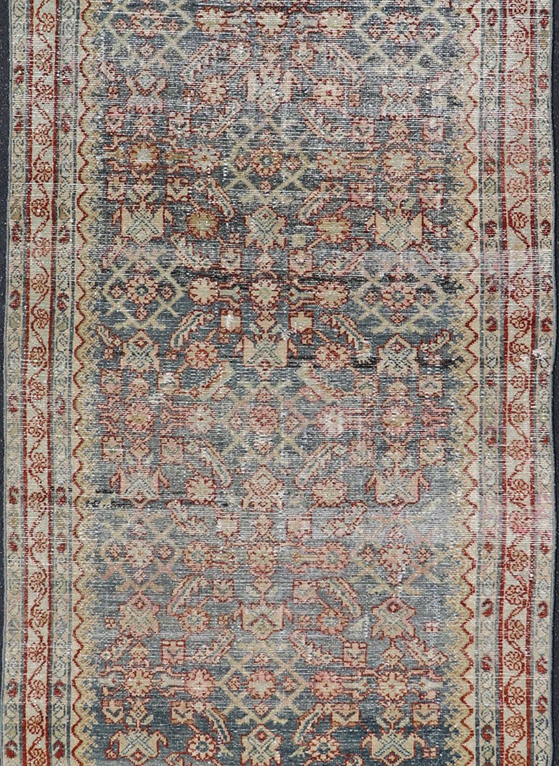 Distressed Antique Persian Malayer Gallery Runner With All - Over Design in Gray, Steel blue and multi colors. Country of Origin: Iran; Type: Malayer; Design: All - Over, Stylized, Floral; Keivan Woven Arts: rug PTA - 21018 Measures 4'2 x 13'2 ... - Keivan Woven ArtsPTA - 21018 - 17370Rug