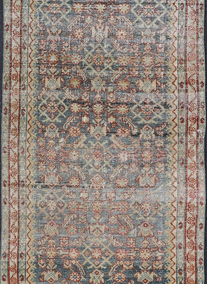 Distressed Antique Persian Malayer Gallery Runner With All - Over Design in Gray, Steel blue and multi colors. Country of Origin: Iran; Type: Malayer; Design: All - Over, Stylized, Floral; Keivan Woven Arts: rug PTA - 21018 Measures 4'2 x 13'2 ... - Keivan Woven ArtsPTA - 21018 - 17370Rug