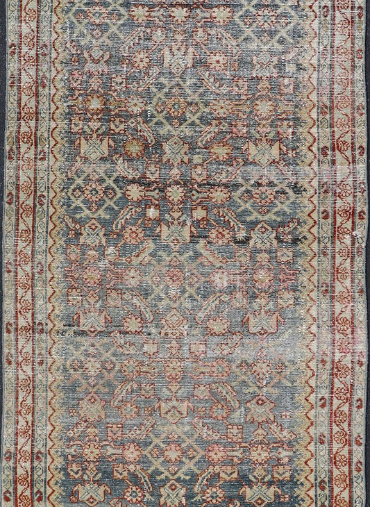 Distressed Antique Persian Malayer Gallery Runner With All - Over Design in Gray, Steel blue and multi colors. Country of Origin: Iran; Type: Malayer; Design: All - Over, Stylized, Floral; Keivan Woven Arts: rug PTA - 21018 Measures 4'2 x 13'2 ... - Keivan Woven ArtsPTA - 21018 - 17370