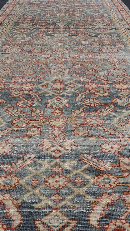 Distressed Antique Persian Malayer Gallery Runner With All - Over Design in Gray, Steel blue and multi colors. Country of Origin: Iran; Type: Malayer; Design: All - Over, Stylized, Floral; Keivan Woven Arts: rug PTA - 21018 Measures 4'2 x 13'2 ... - Keivan Woven ArtsPTA - 21018 - 17370Rug
