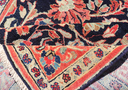 Antique Persian Gallery Runner with Floral Design in D. Blue & Jewel Tones. This lovely antique Gallery Mahal features a stunning all - over floral design set upon a dark blue background, and rendered in Ivory, Coral, varieties of Reds, Greens an... - Keivan Woven ArtsPTA - 21019 - 17376Rug