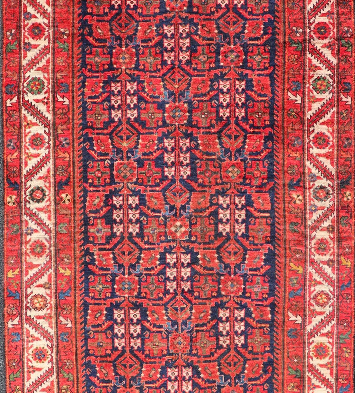 Antique Persian Malayer Gallery Runner with Sub - Geometric All - Over Design Malayer Gallery runner from Persia with geometric floral central field design, in red and blue with all over design. Keivan Woven Arts / rug PTA - 21020, country of origin /... - Keivan Woven ArtsPTA - 21020 - 17382