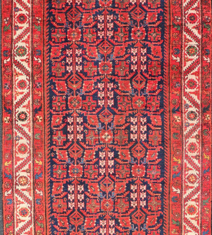 Antique Persian Malayer Gallery Runner with Sub - Geometric All - Over Design Malayer Gallery runner from Persia with geometric floral central field design, in red and blue with all over design. Keivan Woven Arts / rug PTA - 21020, country of origin /... - Keivan Woven ArtsPTA - 21020 - 17382