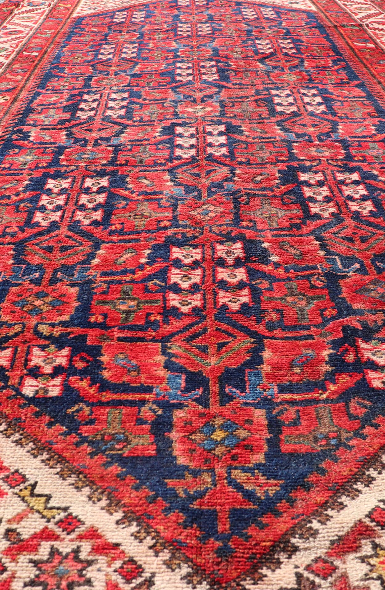 Antique Persian Malayer Gallery Runner with Sub - Geometric All - Over Design Malayer Gallery runner from Persia with geometric floral central field design, in red and blue with all over design. Keivan Woven Arts / rug PTA - 21020, country of origin /... - Keivan Woven ArtsPTA - 21020 - 17382