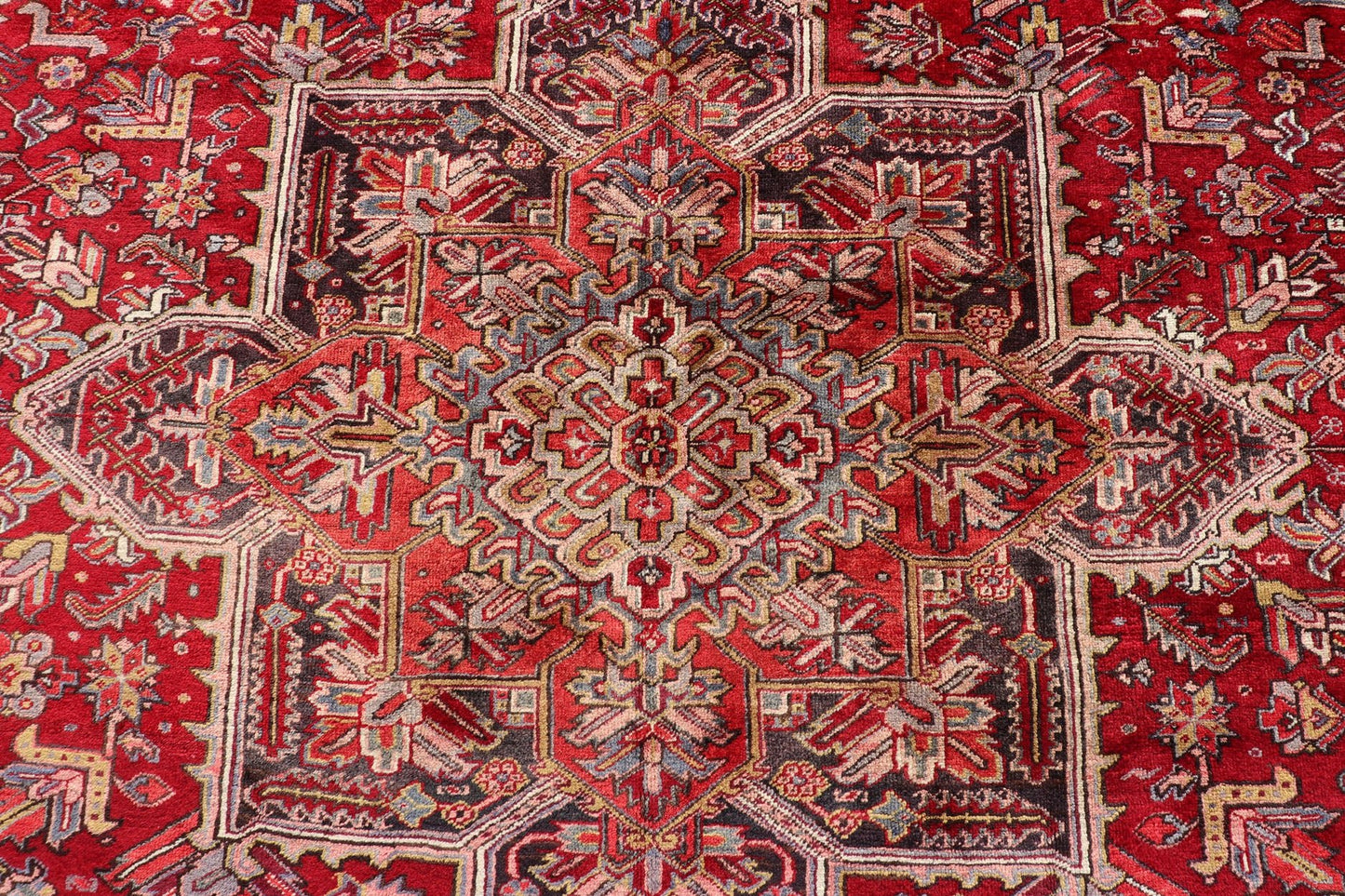 Vintage Heriz with Geometric Diamond Design in Reds, Ivory, Blue, light yellow green & Charcoal. Keivan Woven Arts Vintage Persian Heriz Rug, rug PTA - 21023, country of origin / type: Persian / Heriz, circa Mid - 20th Century. This gorgeou... - Keivan Woven ArtsPTA - 21023 - 18215Rug