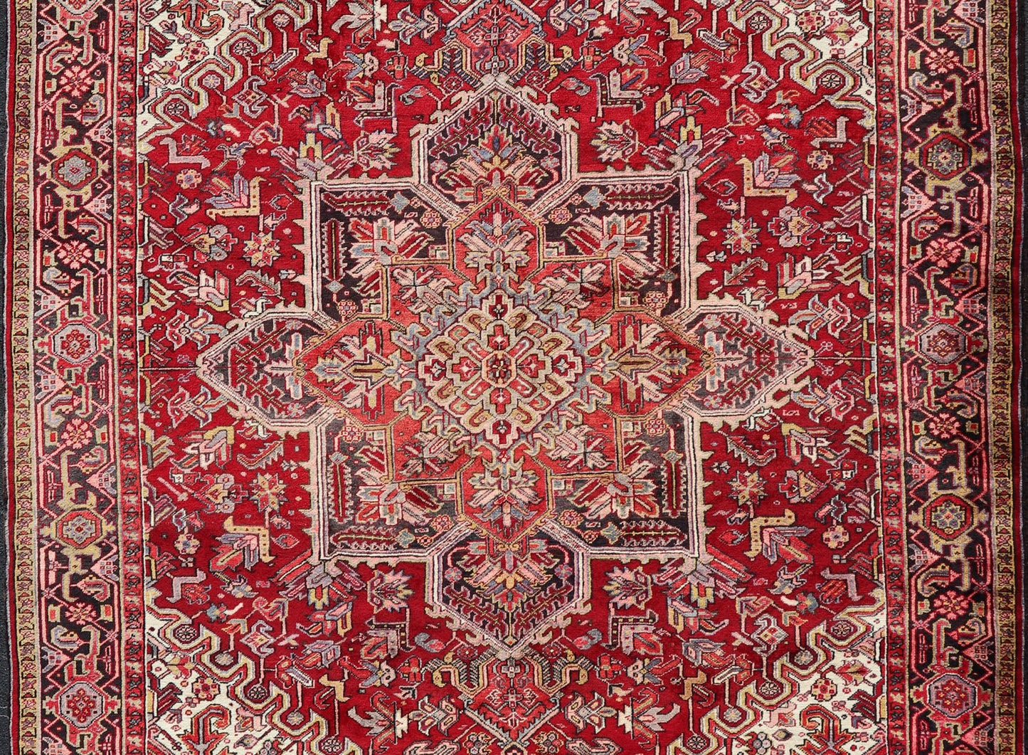 Vintage Heriz with Geometric Diamond Design in Reds, Ivory, Blue, light yellow green & Charcoal. Keivan Woven Arts Vintage Persian Heriz Rug, rug PTA - 21023, country of origin / type: Persian / Heriz, circa Mid - 20th Century. This gorgeou... - Keivan Woven ArtsPTA - 21023 - 18215Rug