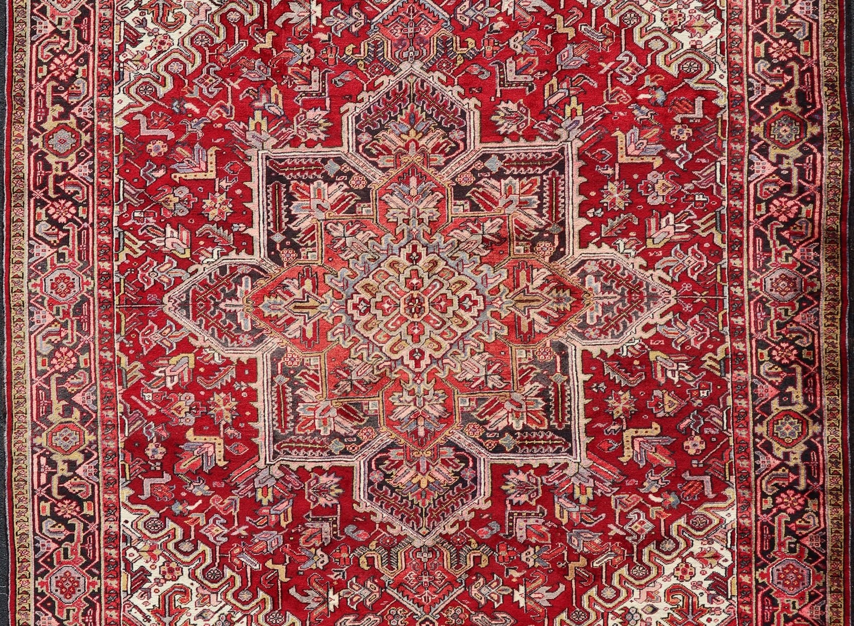 Vintage Heriz with Geometric Diamond Design in Reds, Ivory, Blue, light yellow green & Charcoal. Keivan Woven Arts Vintage Persian Heriz Rug, rug PTA - 21023, country of origin / type: Persian / Heriz, circa Mid - 20th Century. This gorgeou... - Keivan Woven ArtsPTA - 21023 - 18215Rug