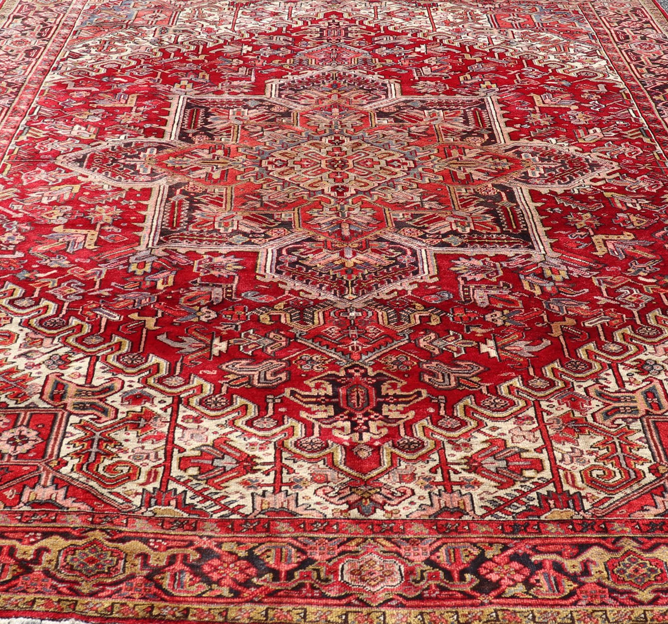 Vintage Heriz with Geometric Diamond Design in Reds, Ivory, Blue, light yellow green & Charcoal. Keivan Woven Arts Vintage Persian Heriz Rug, rug PTA - 21023, country of origin / type: Persian / Heriz, circa Mid - 20th Century. This gorgeou... - Keivan Woven ArtsPTA - 21023 - 18215Rug