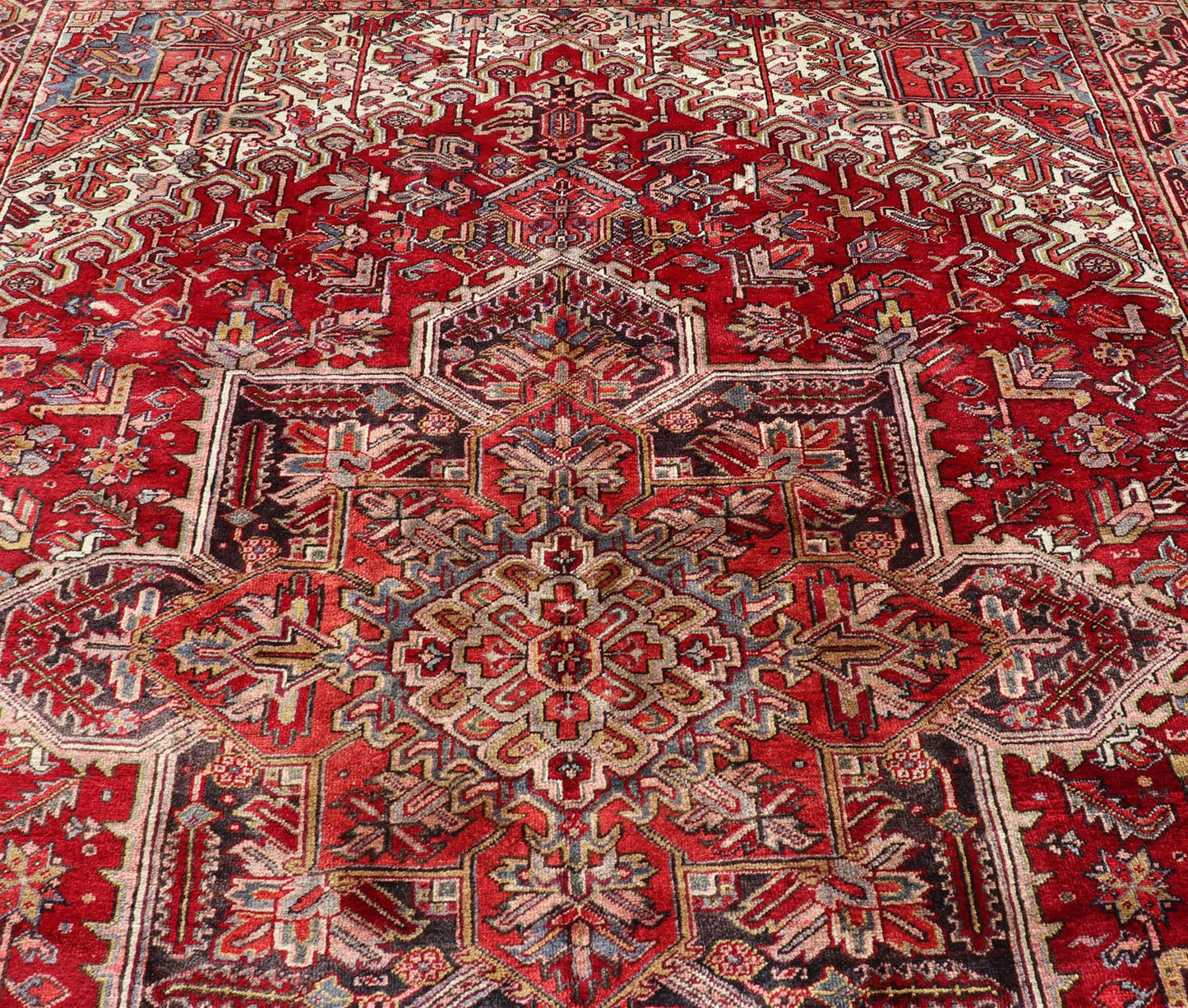 Vintage Heriz with Geometric Diamond Design in Reds, Ivory, Blue, light yellow green & Charcoal. Keivan Woven Arts Vintage Persian Heriz Rug, rug PTA - 21023, country of origin / type: Persian / Heriz, circa Mid - 20th Century. This gorgeou... - Keivan Woven ArtsPTA - 21023 - 18215Rug