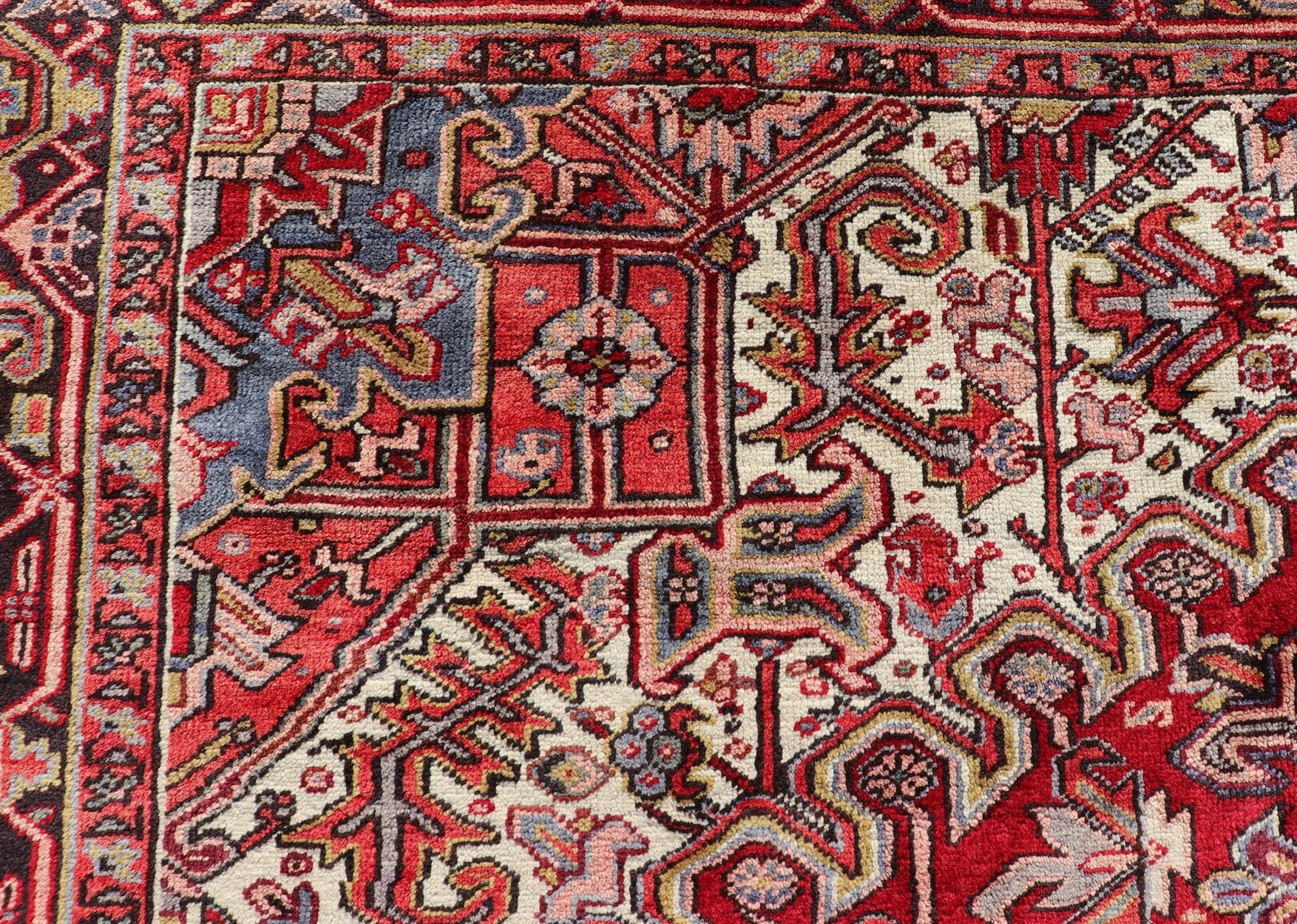 Vintage Heriz with Geometric Diamond Design in Reds, Ivory, Blue, light yellow green & Charcoal. Keivan Woven Arts Vintage Persian Heriz Rug, rug PTA - 21023, country of origin / type: Persian / Heriz, circa Mid - 20th Century. This gorgeou... - Keivan Woven ArtsPTA - 21023 - 18215Rug