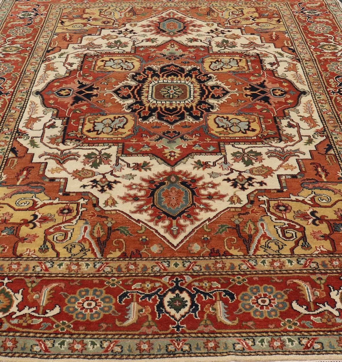 Large Reproduction Hand - Knotted - Heriz with Geometric Medallion in softer Tones. Serapi design, Serapi Rug, Serapi reproduction, Heriz reproduction. Measures: 10'0 x 14'0 Beautiful modern Heriz Style hand - knotted wool rug with a Traditi... - Keivan Woven ArtsPTA - 2109 - 09 - 17080