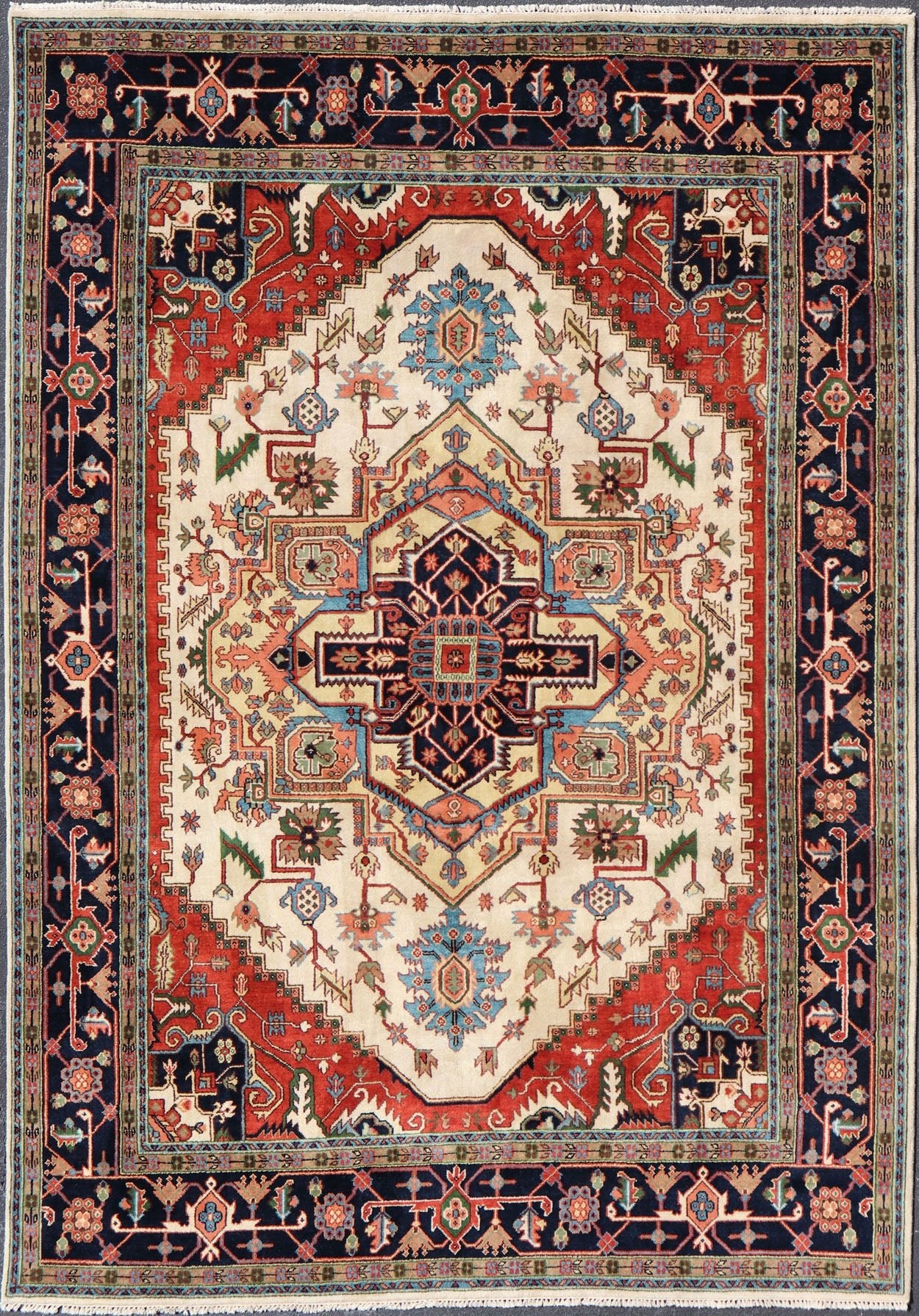 Large Reproduction Hand - Knotted - Heriz with Geometric Medallion in Jewel Colors Measures: 10'0 x 14'0 Beautiful modern Heriz Serapi design hand - knotted wool rug with a Traditional Design. This Heriz rug has a multi - color accent in a gorg... - Keivan Woven ArtsPTA - 2109 - 10 - 17086