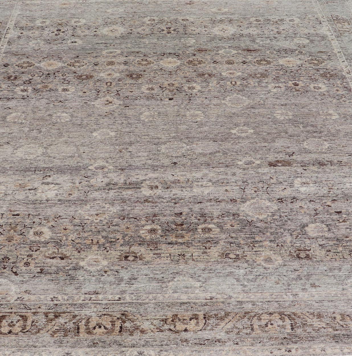 Modern Oushak Rug with Floral Pattern in Gray, Brown Tones and Neutral Colors. Keivan Woven Arts, rug PUR - 14218, country of origin / type: India / Oushak. Measures: 8'0 x 10'0 The all - over fine eave flourishing garden pattern of this unique mod... - Keivan Woven ArtsPUR - 14218 - EA - 3063 - 21603Rug