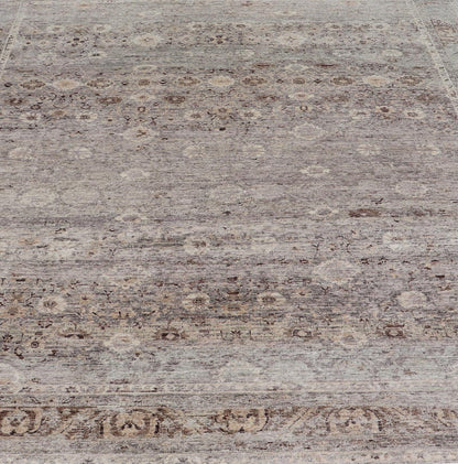 Modern Oushak Rug with Floral Pattern in Gray, Brown Tones and Neutral Colors. Keivan Woven Arts, rug PUR - 14218, country of origin / type: India / Oushak. Measures: 8'0 x 10'0 The all - over fine eave flourishing garden pattern of this unique mod... - Keivan Woven ArtsPUR - 14218 - EA - 3063 - 21603Rug