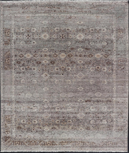 Modern Oushak Rug with Floral Pattern in Gray, Brown Tones and Neutral Colors. Keivan Woven Arts, rug PUR - 14218, country of origin / type: India / Oushak. Measures: 8'0 x 10'0 The all - over fine eave flourishing garden pattern of this unique mod... - Keivan Woven ArtsPUR - 14218 - EA - 3063 - 21603Rug
