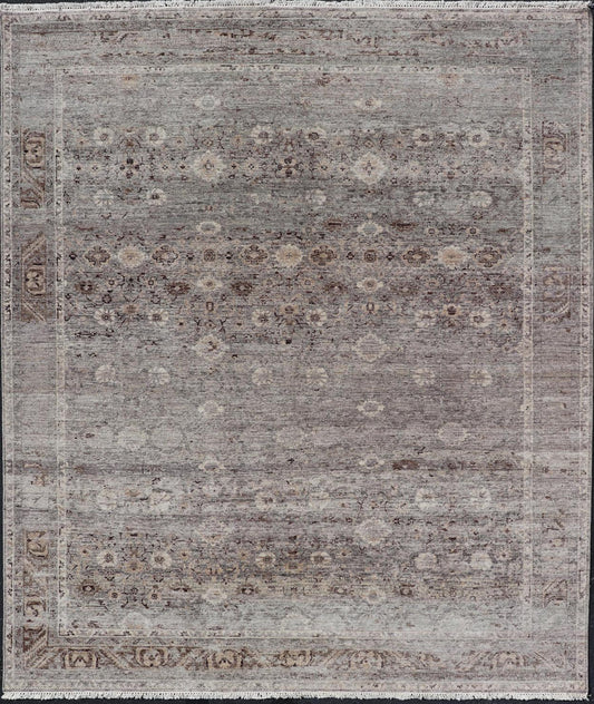 Modern Oushak Rug with Floral Pattern in Gray, Brown Tones and Neutral Colors. Keivan Woven Arts, rug PUR - 14218, country of origin / type: India / Oushak. Measures: 8'0 x 10'0 The all - over fine eave flourishing garden pattern of this unique mod... - Keivan Woven ArtsPUR - 14218 - EA - 3063 - 21603Rug