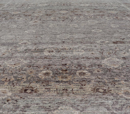 Modern Oushak Rug with Floral Pattern in Gray, Brown Tones and Neutral Colors. Keivan Woven Arts, rug PUR - 14218, country of origin / type: India / Oushak. Measures: 8'0 x 10'0 The all - over fine eave flourishing garden pattern of this unique mod... - Keivan Woven ArtsPUR - 14218 - EA - 3063 - 21603Rug