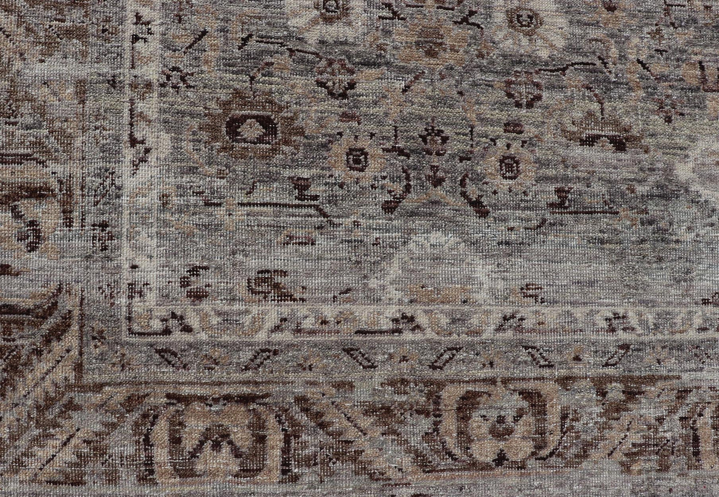 Modern Oushak Rug with Floral Pattern in Gray, Brown Tones and Neutral Colors. Keivan Woven Arts, rug PUR - 14218, country of origin / type: India / Oushak. Measures: 8'0 x 10'0 The all - over fine eave flourishing garden pattern of this unique mod... - Keivan Woven ArtsPUR - 14218 - EA - 3063 - 21603Rug