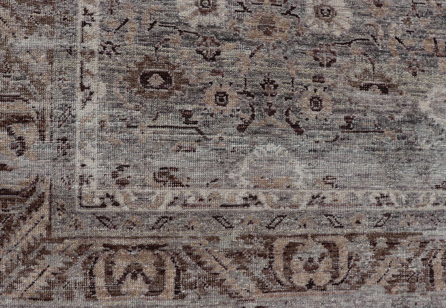 Modern Oushak Rug with Floral Pattern in Gray, Brown Tones and Neutral Colors. Keivan Woven Arts, rug PUR - 14218, country of origin / type: India / Oushak. Measures: 8'0 x 10'0 The all - over fine eave flourishing garden pattern of this unique mod... - Keivan Woven ArtsPUR - 14218 - EA - 3063 - 21603Rug