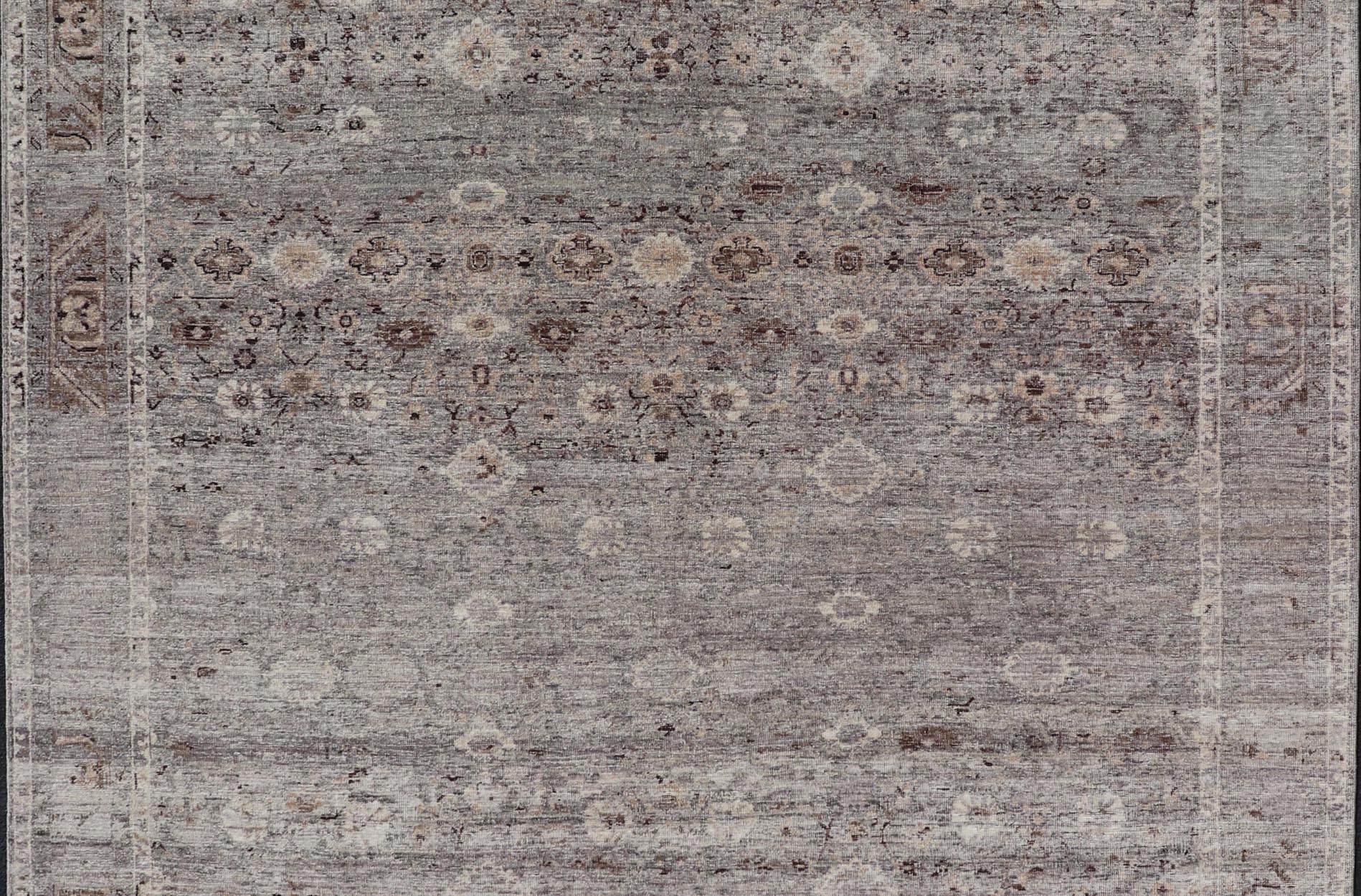 Modern Oushak Rug with Floral Pattern in Gray, Brown Tones and Neutral Colors. Keivan Woven Arts, rug PUR - 14218, country of origin / type: India / Oushak. Measures: 8'0 x 10'0 The all - over fine eave flourishing garden pattern of this unique mod... - Keivan Woven ArtsPUR - 14218 - EA - 3063 - 21603Rug