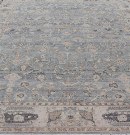 Modern Hand Knotted Oushak Muted Rug in Light Blue, Light Gray, and Cream. Keivan Woven Arts, rug/PUR - 21941, / country of origin / type: India/ Oushak Measures: 10'1 x 14'1 This hand knotted Oushak rug features a beautiful tribal design rendered ... - Keivan Woven ArtsPUR - 21941 - EA - 3009 - CS - 01 - 22446Rug