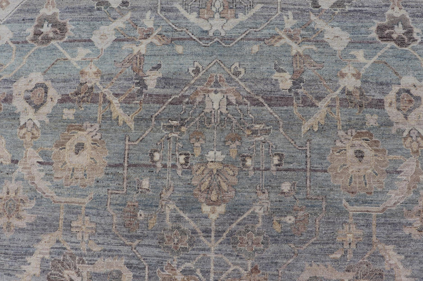 Modern Hand Knotted Oushak Muted Rug in Light Blue, Light Gray, and Cream. Keivan Woven Arts, rug/PUR - 21941, / country of origin / type: India/ Oushak Measures: 10'1 x 14'1 This hand knotted Oushak rug features a beautiful tribal design rendered ... - Keivan Woven ArtsPUR - 21941 - EA - 3009 - CS - 01 - 22446Rug
