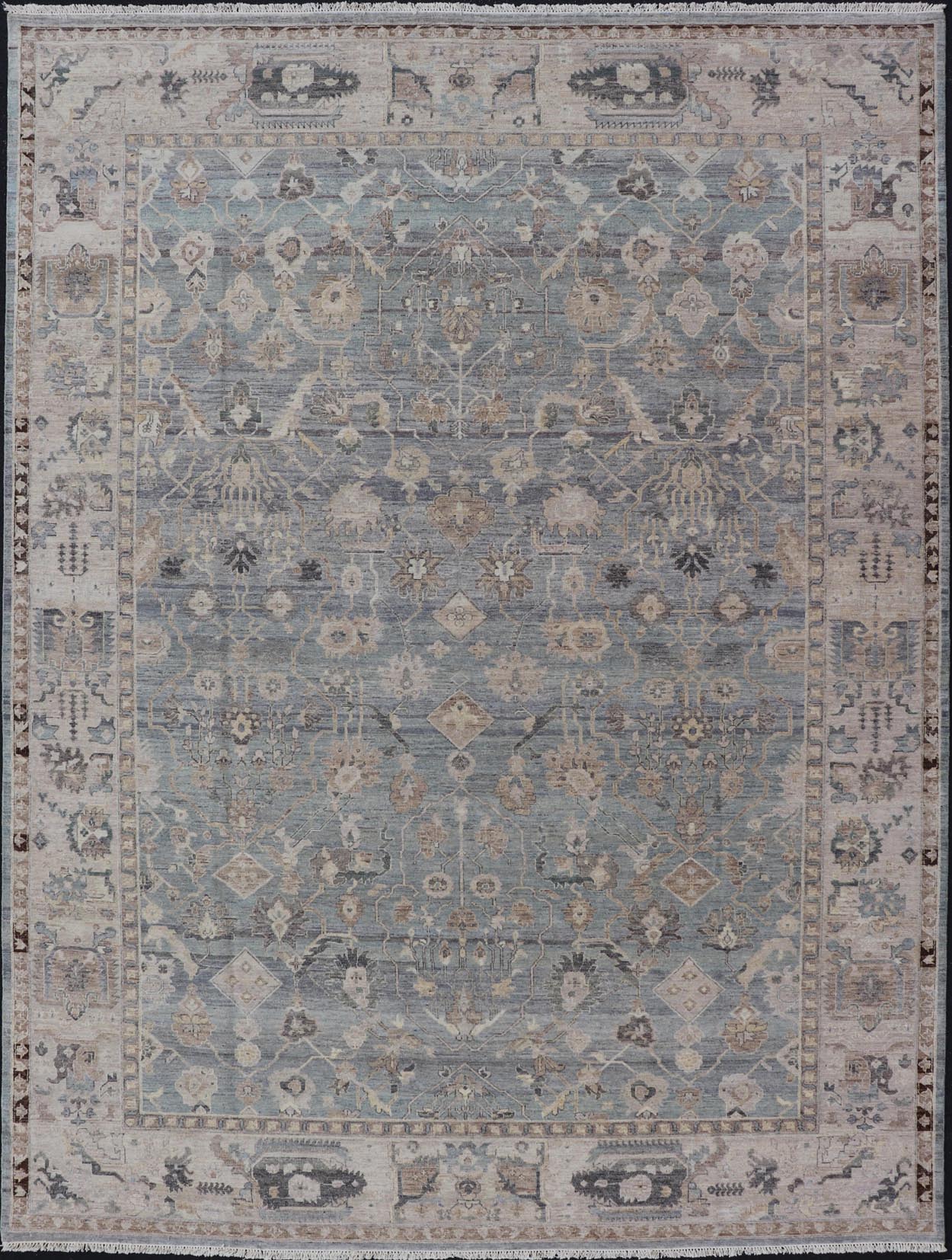 Modern Hand Knotted Oushak Muted Rug in Light Blue, Light Gray, and Cream. Keivan Woven Arts, rug/PUR - 21941, / country of origin / type: India/ Oushak Measures: 10'1 x 14'1 This hand knotted Oushak rug features a beautiful tribal design rendered ... - Keivan Woven ArtsPUR - 21941 - EA - 3009 - CS - 01 - 22446Rug