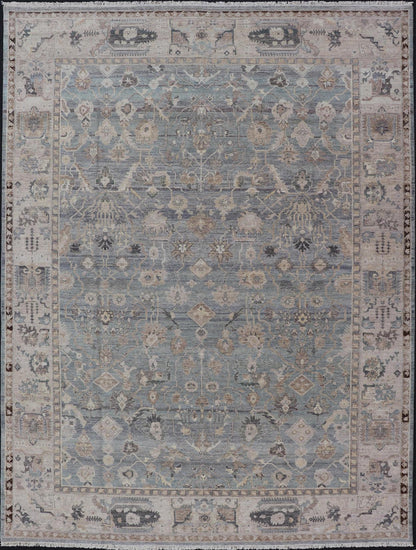 Modern Hand Knotted Oushak Muted Rug in Light Blue, Light Gray, and Cream. Keivan Woven Arts, rug/PUR - 21941, / country of origin / type: India/ Oushak Measures: 10'1 x 14'1 This hand knotted Oushak rug features a beautiful tribal design rendered ... - Keivan Woven ArtsPUR - 21941 - EA - 3009 - CS - 01 - 22446Rug