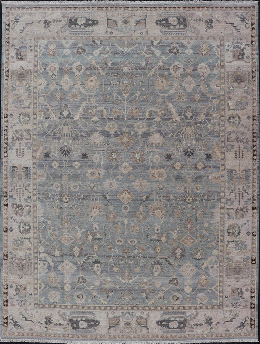 Modern Hand Knotted Oushak Muted Rug in Light Blue, Light Gray, and Cream. Keivan Woven Arts, rug/PUR - 21941, / country of origin / type: India/ Oushak Measures: 10'1 x 14'1 This hand knotted Oushak rug features a beautiful tribal design rendered ... - Keivan Woven ArtsPUR - 21941 - EA - 3009 - CS - 01 - 22446Rug