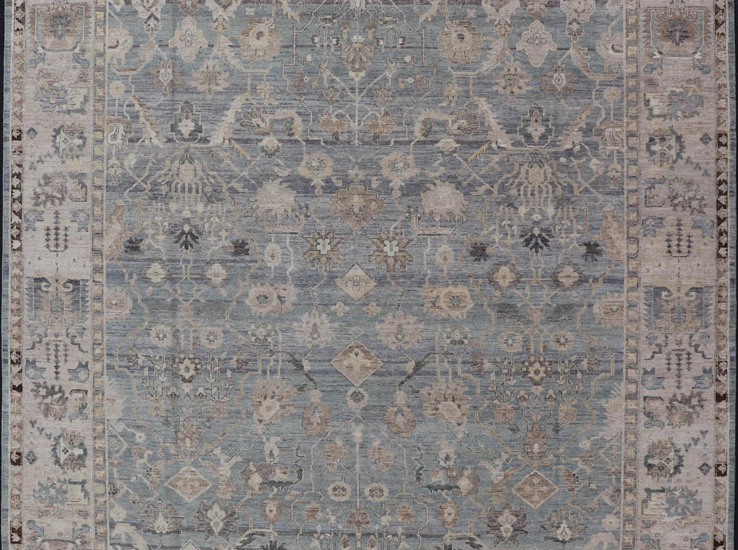 Modern Hand Knotted Oushak Muted Rug in Light Blue, Light Gray, and Cream. Keivan Woven Arts, rug/PUR - 21941, / country of origin / type: India/ Oushak Measures: 10'1 x 14'1 This hand knotted Oushak rug features a beautiful tribal design rendered ... - Keivan Woven ArtsPUR - 21941 - EA - 3009 - CS - 01 - 22446Rug