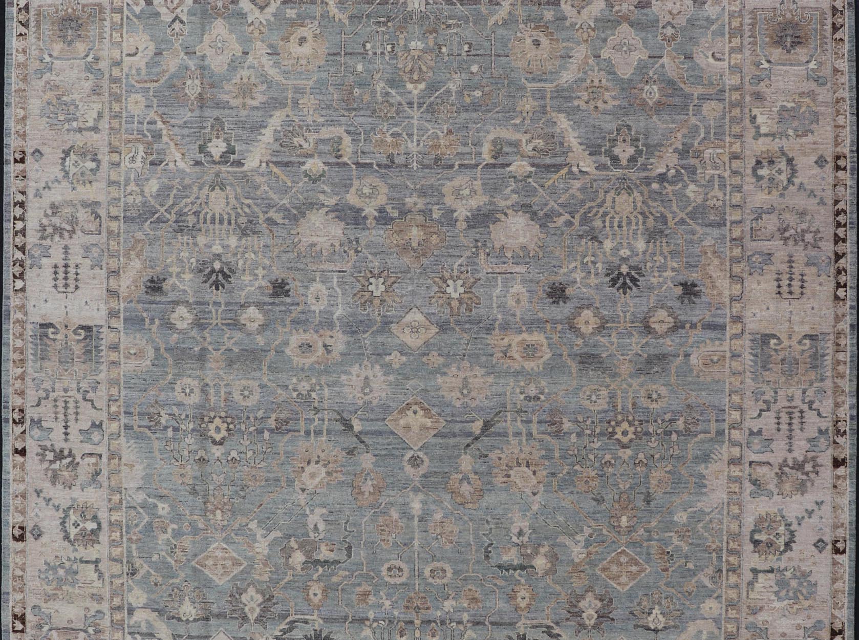 Modern Hand Knotted Oushak Muted Rug in Light Blue, Light Gray, and Cream. Keivan Woven Arts, rug/PUR - 21941, / country of origin / type: India/ Oushak Measures: 10'1 x 14'1 This hand knotted Oushak rug features a beautiful tribal design rendered ... - Keivan Woven ArtsPUR - 21941 - EA - 3009 - CS - 01 - 22446Rug