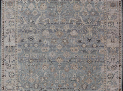 Modern Hand Knotted Oushak Muted Rug in Light Blue, Light Gray, and Cream. Keivan Woven Arts, rug/PUR - 21941, / country of origin / type: India/ Oushak Measures: 10'1 x 14'1 This hand knotted Oushak rug features a beautiful tribal design rendered ... - Keivan Woven ArtsPUR - 21941 - EA - 3009 - CS - 01 - 22446Rug