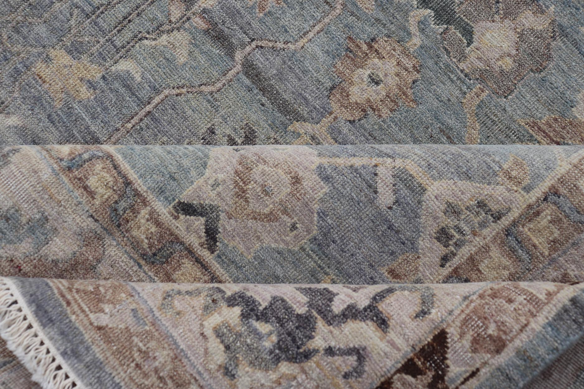 Modern Hand Knotted Oushak Muted Rug in Light Blue, Light Gray, and Cream. Keivan Woven Arts, rug/PUR - 21941, / country of origin / type: India/ Oushak Measures: 10'1 x 14'1 This hand knotted Oushak rug features a beautiful tribal design rendered ... - Keivan Woven ArtsPUR - 21941 - EA - 3009 - CS - 01 - 22446Rug