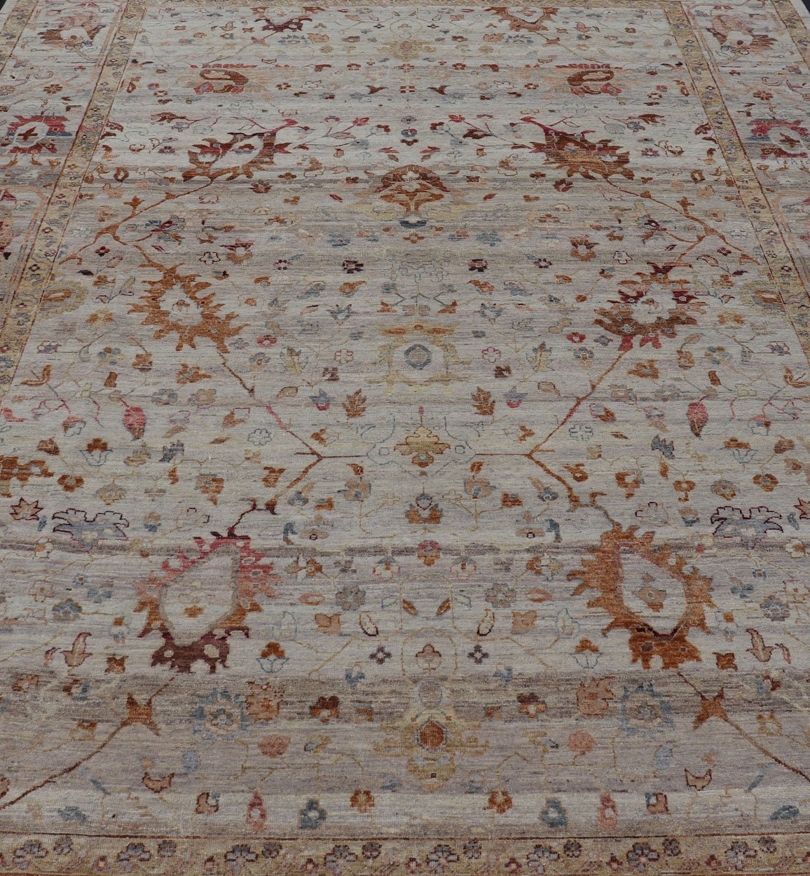 Modern Oushak Muted Rug in Earthy Tones on a Cream Background. Country of Origin: India; Type: Oushak; Design: All - Over, Floral, Oushak Floral; Keivan Woven Arts: rug PUR - 31486; All Gray Indian Oushak Rug With All - Over Floral Design in Wool; Floral Ous... - Keivan Woven ArtsPUR - 31486 - EA - 3011 - 22896Rug