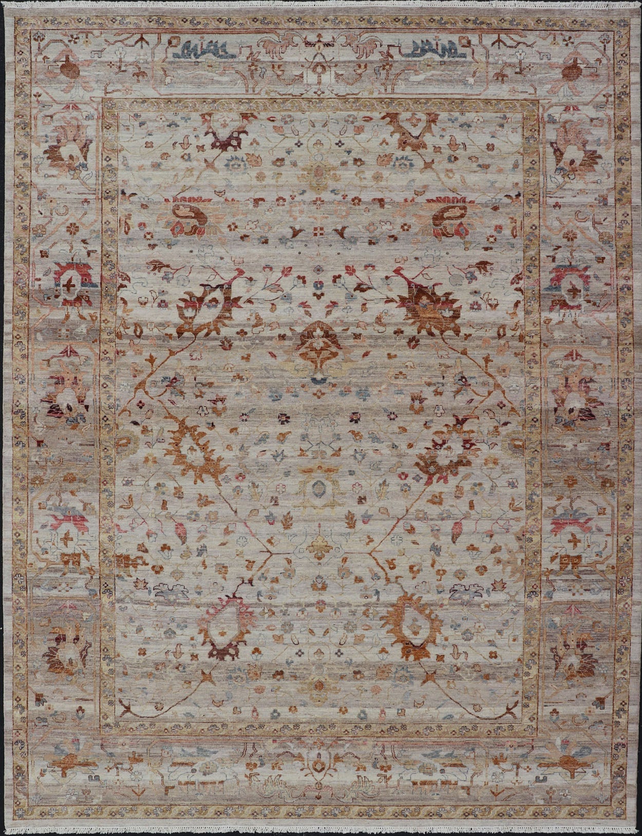 Modern Oushak Muted Rug in Earthy Tones on a Cream Background. Country of Origin: India; Type: Oushak; Design: All - Over, Floral, Oushak Floral; Keivan Woven Arts: rug PUR - 31486; All Gray Indian Oushak Rug With All - Over Floral Design in Wool; Floral Ous... - Keivan Woven ArtsPUR - 31486 - EA - 3011 - 22896Rug