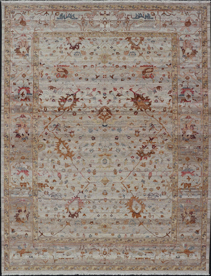 Modern Oushak Muted Rug in Earthy Tones on a Cream Background. Country of Origin: India; Type: Oushak; Design: All - Over, Floral, Oushak Floral; Keivan Woven Arts: rug PUR - 31486; All Gray Indian Oushak Rug With All - Over Floral Design in Wool; Floral Ous... - Keivan Woven ArtsPUR - 31486 - EA - 3011 - 22896Rug