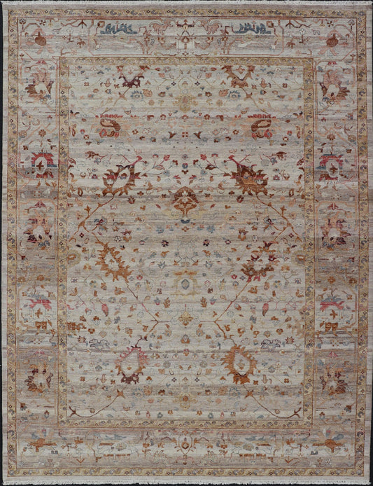 Modern Oushak Muted Rug in Earthy Tones on a Cream Background. Country of Origin: India; Type: Oushak; Design: All - Over, Floral, Oushak Floral; Keivan Woven Arts: rug PUR - 31486; All Gray Indian Oushak Rug With All - Over Floral Design in Wool; Floral Ous... - Keivan Woven ArtsPUR - 31486 - EA - 3011 - 22896Rug