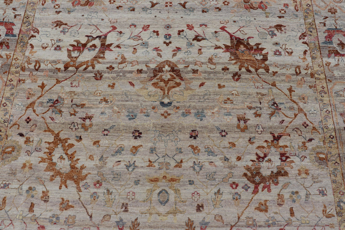 Modern Oushak Muted Rug in Earthy Tones on a Cream Background. Country of Origin: India; Type: Oushak; Design: All - Over, Floral, Oushak Floral; Keivan Woven Arts: rug PUR - 31486; All Gray Indian Oushak Rug With All - Over Floral Design in Wool; Floral Ous... - Keivan Woven ArtsPUR - 31486 - EA - 3011 - 22896Rug