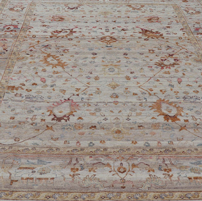 Modern Oushak Muted Rug in Earthy Tones on a Cream Background. Country of Origin: India; Type: Oushak; Design: All - Over, Floral, Oushak Floral; Keivan Woven Arts: rug PUR - 31486; All Gray Indian Oushak Rug With All - Over Floral Design in Wool; Floral Ous... - Keivan Woven ArtsPUR - 31486 - EA - 3011 - 22896Rug