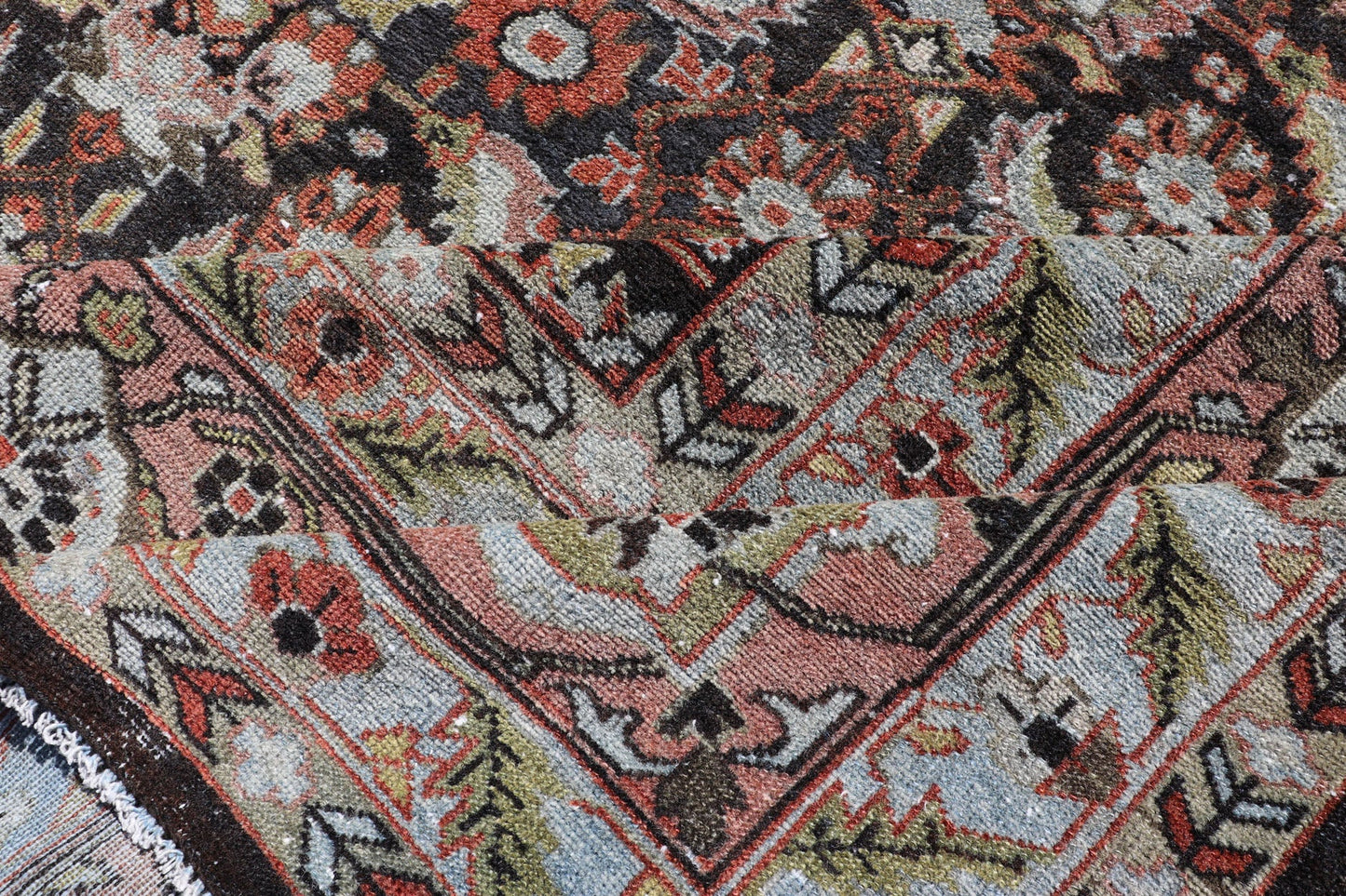 Antique Persian Malayer Rug in Variegated Charcoal, Brown, Green and Blue Amazing early 20th century antique Persian Malayer rug in variegated charcoal, brown, green and blue background and salmon border A very fine antique Persian Malayer ru... - Keivan Woven ArtsR20 - 0102 - 12571