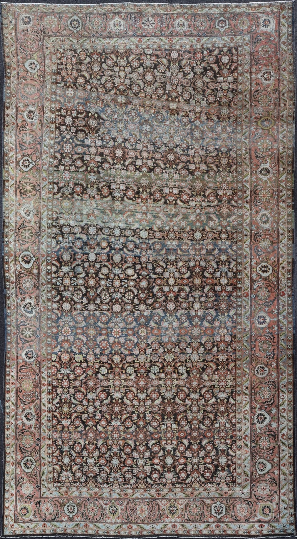 Antique Persian Malayer Rug in Variegated Charcoal, Brown, Green and Blue Amazing early 20th century antique Persian Malayer rug in variegated charcoal, brown, green and blue background and salmon border A very fine antique Persian Malayer ru... - Keivan Woven ArtsR20 - 0102 - 12571