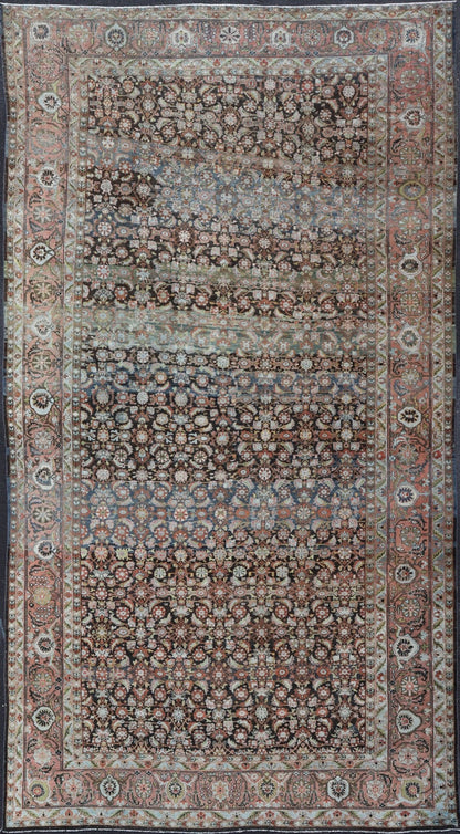 Antique Persian Malayer Rug in Variegated Charcoal, Brown, Green and Blue Amazing early 20th century antique Persian Malayer rug in variegated charcoal, brown, green and blue background and salmon border A very fine antique Persian Malayer ru... - Keivan Woven ArtsR20 - 0102 - 12571
