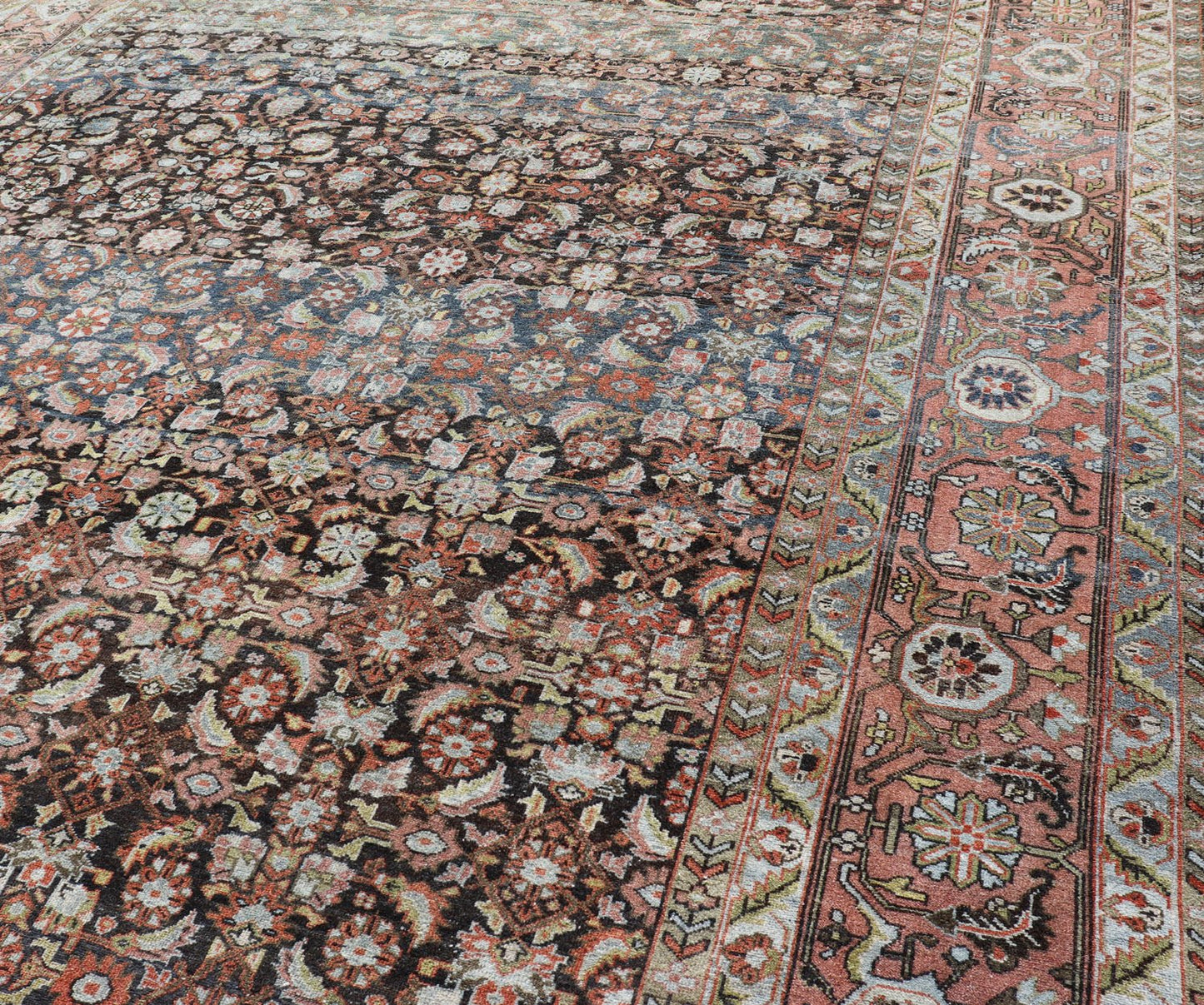 Antique Persian Malayer Rug in Variegated Charcoal, Brown, Green and Blue Amazing early 20th century antique Persian Malayer rug in variegated charcoal, brown, green and blue background and salmon border A very fine antique Persian Malayer ru... - Keivan Woven ArtsR20 - 0102 - 12571