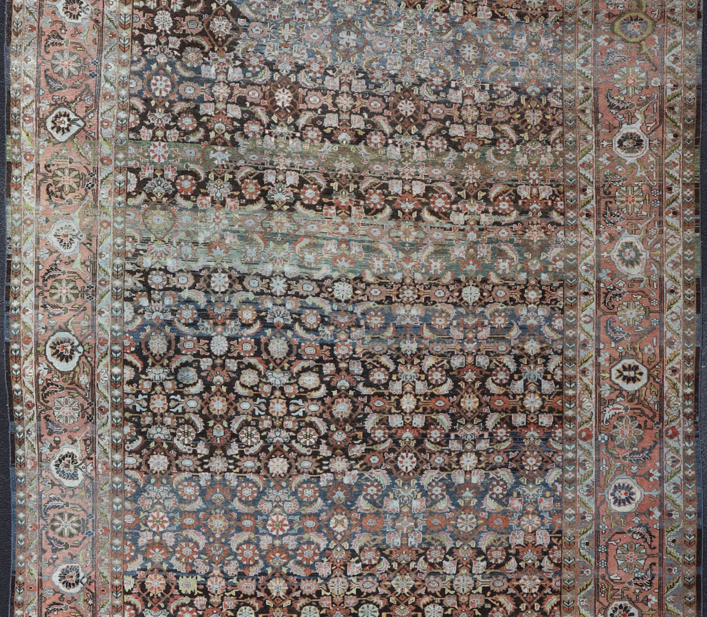 Antique Persian Malayer Rug in Variegated Charcoal, Brown, Green and Blue Amazing early 20th century antique Persian Malayer rug in variegated charcoal, brown, green and blue background and salmon border A very fine antique Persian Malayer ru... - Keivan Woven ArtsR20 - 0102 - 12571