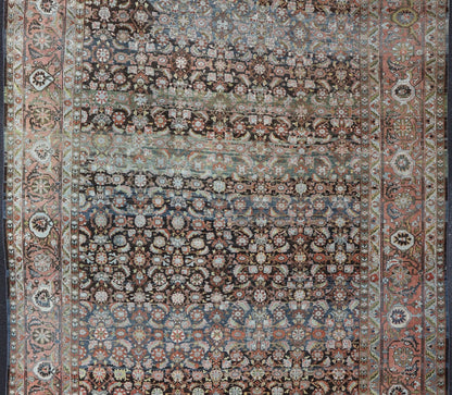 Antique Persian Malayer Rug in Variegated Charcoal, Brown, Green and Blue Amazing early 20th century antique Persian Malayer rug in variegated charcoal, brown, green and blue background and salmon border A very fine antique Persian Malayer ru... - Keivan Woven ArtsR20 - 0102 - 12571