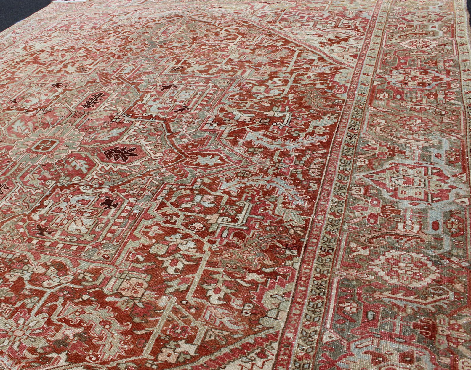 Gray Green, Taupe border, Soft Red Persian Heriz Runner with Geometric Medallion Design, rug R20 - 0103, country of origin / type: Iran / Heriz, circa 1930 This Persian Heriz runner features a classic multi - medallion design. The vertical arrangeme... - Keivan Woven ArtsR20 - 0103 - 12565
