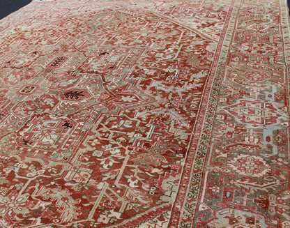 Gray Green, Taupe border, Soft Red Persian Heriz Runner with Geometric Medallion Design, rug R20 - 0103, country of origin / type: Iran / Heriz, circa 1930 This Persian Heriz runner features a classic multi - medallion design. The vertical arrangeme... - Keivan Woven ArtsR20 - 0103 - 12565
