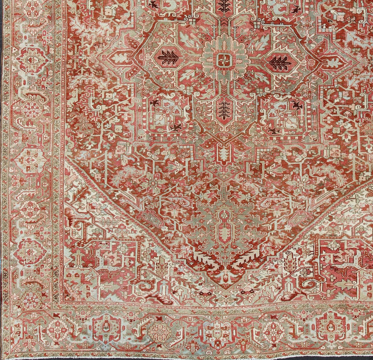 Gray Green, Taupe border, Soft Red Persian Heriz Runner with Geometric Medallion Design, rug R20 - 0103, country of origin / type: Iran / Heriz, circa 1930 This Persian Heriz runner features a classic multi - medallion design. The vertical arrangeme... - Keivan Woven ArtsR20 - 0103 - 12565