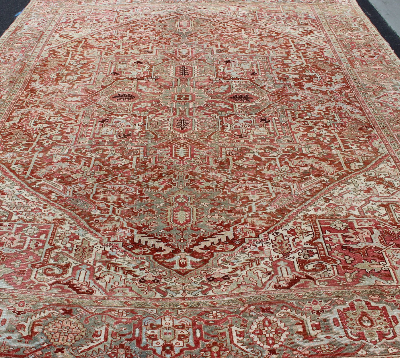 Gray Green, Taupe border, Soft Red Persian Heriz Runner with Geometric Medallion Design, rug R20 - 0103, country of origin / type: Iran / Heriz, circa 1930 This Persian Heriz runner features a classic multi - medallion design. The vertical arrangeme... - Keivan Woven ArtsR20 - 0103 - 12565