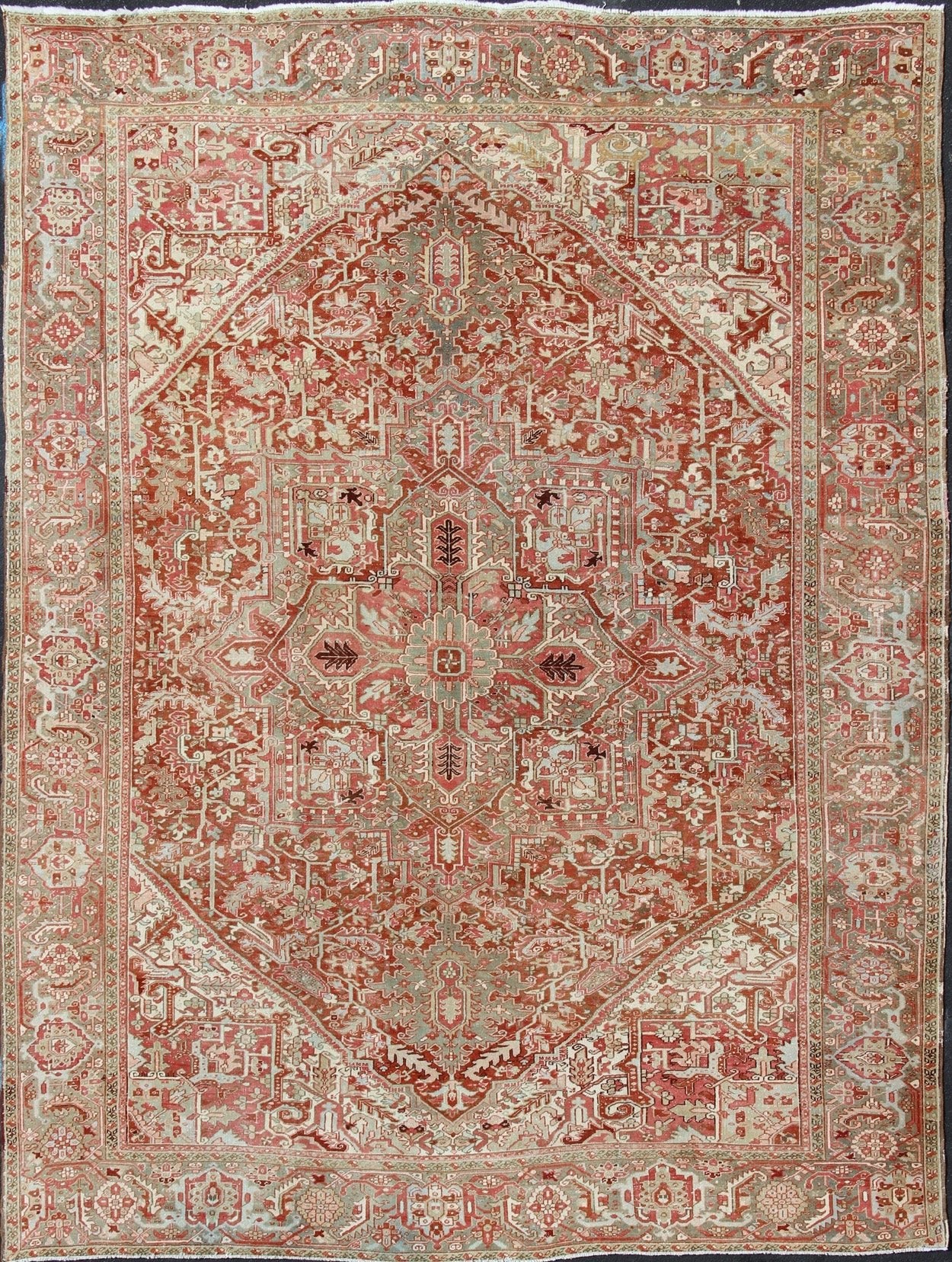 Gray Green, Taupe border, Soft Red Persian Heriz Runner with Geometric Medallion Design, rug R20 - 0103, country of origin / type: Iran / Heriz, circa 1930 This Persian Heriz runner features a classic multi - medallion design. The vertical arrangeme... - Keivan Woven ArtsR20 - 0103 - 12565
